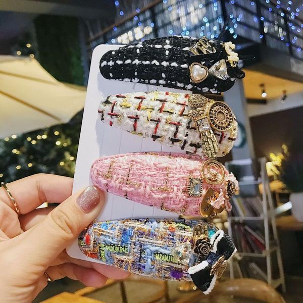 

hair accessories korean vintage hairpins girls bang clips grid fabrics hairgrips retro barrettes clip metal decoration, Slivery;white
