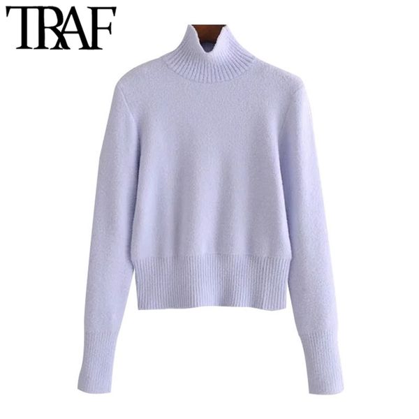 

women fashion soft touch cropped knitted sweater vintage high neck long sleeve female pullovers chic 210507, White;black