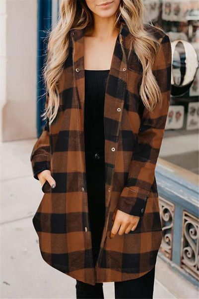 

long plaid coat for women turn down collar single breasted pocket shirts streetwear autumn oversized outerwear women's jackets, Black;brown