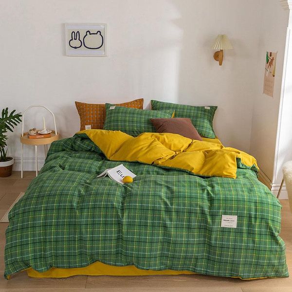 

grid bedding set double side quilt cover and pillowcase muilt color bed sheet soft for home comfortable sets