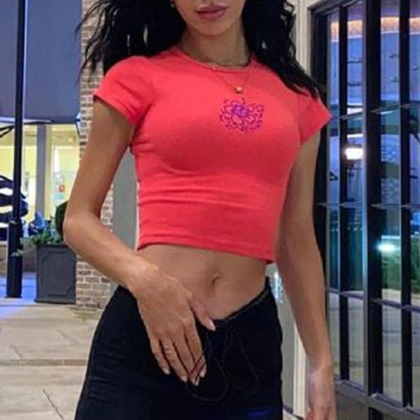 

women's t-shirt floral embrodiery pink kawaii summer y2k t-shirts clothing 2021crop for girls skinny o-neck short sleeve tee shirt, White