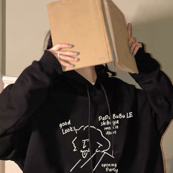 

hoodie women's printed hoodie, thick plush suitable autumn and winter wear, Black