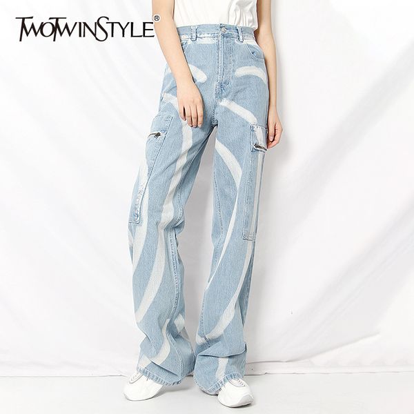 

twotwinstyle irregular print jeans for women high waist hit color straight casual wide leg denim pants female spring tide 210428, Blue