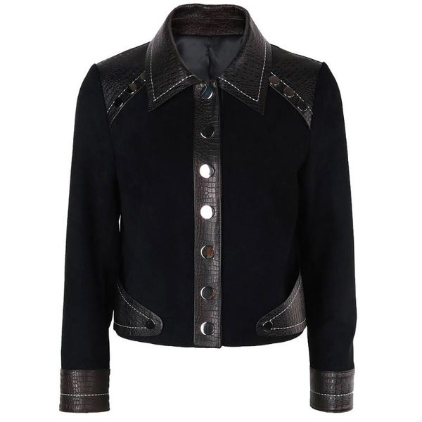 

women's leather & faux yoloagain women suede jacket ladies single breasted genuine coat, Black