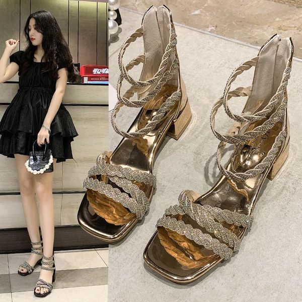 

high-heeled women's sandals 2021 summer wild shoes with a word buckle small size roman, Black