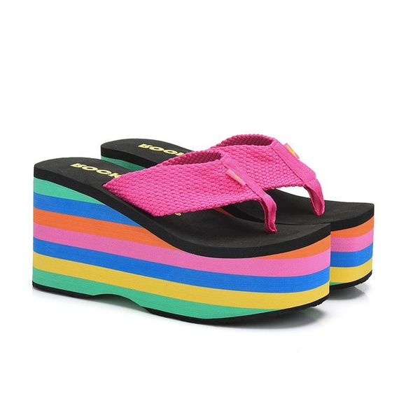

slippers summer rainbow thick bottom sandal super high heel flip flop women's color spring shoes leisure beach, Black