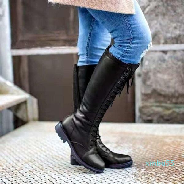 

boots autumn winter women knee high pu leather lace up low heels ladies shoes cross strap platform zipper female riding, Black