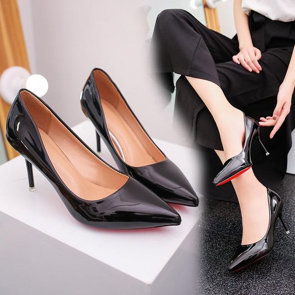

dress shoes womens 2021 autumn korean wild shallow mouth pointed high heels stiletto patent leather small fresh single, Black