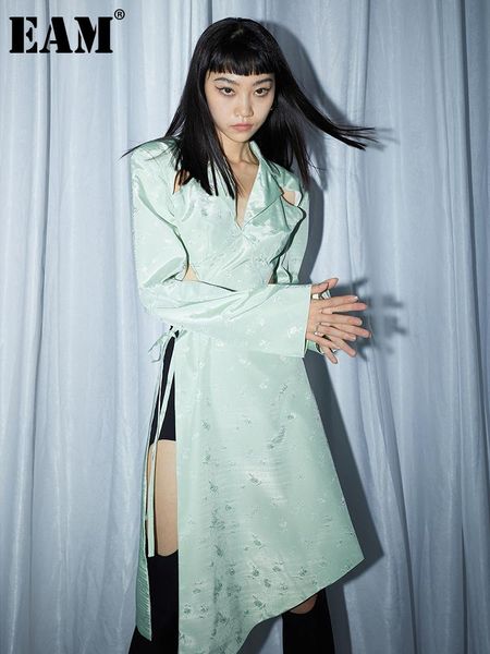 

women's suits & blazers [eam] women green hollow out bandage long thin blazer lapel sleeve loose fit jacket fashion spring summer 2021, White;black