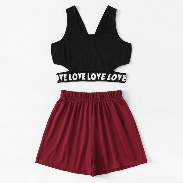 

fashion letter sleeveless two women tracksuits piece cutfits red summer style hollow out womens sets pullover tank tracksuit, Gray