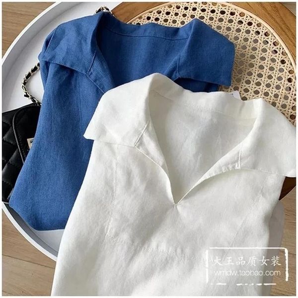 

women's blouses & shirts summer casual short sleeve korean style simple solid color lapel loose linen female 2021 clothing, White