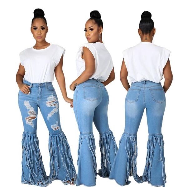 

women's jeans denim flared pants mid-waist trousers fashion wild tassel ripped elastic slim women item, Blue