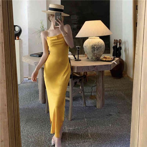 Yaz kadın Sundresses Sarı Backless Seksi Plaj Elbise V Yaka Tatil Spagetti Kayışı Femme Robe 210514