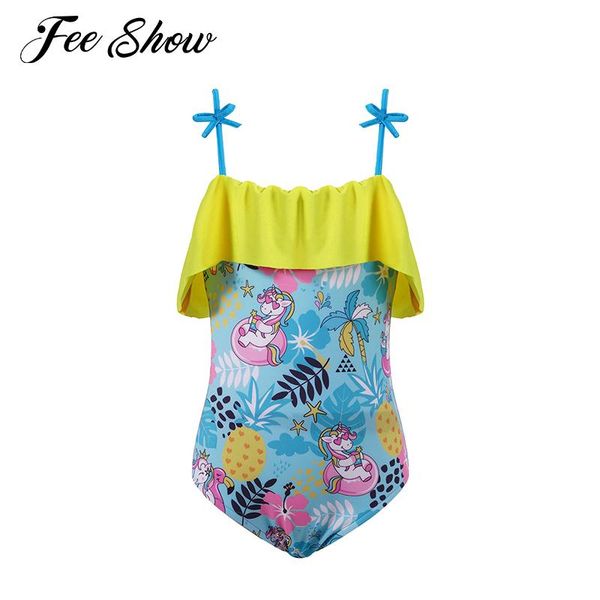 

one-pieces 1pcs kids girls swimwear swimming jumpsuit outfit straps off shoulder ruffle trim print bodysuit children beach bathing suit, Black