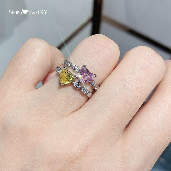 

cluster rings shipei 925 sterling silver heart citrine pink sapphire gemstone wedding anniversary fine jewelry romantic cute white gold, Golden;silver