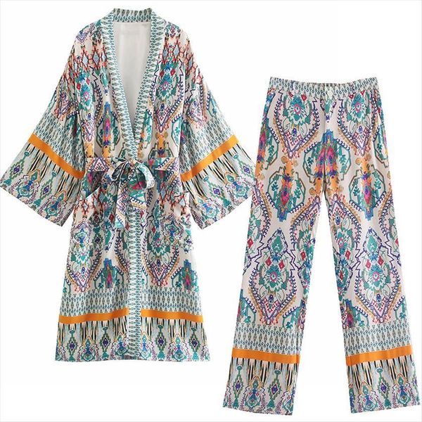 

summer printed casual suits mid womenpant length belted kimono shirts long pants 2 piece sets female outfits za, White