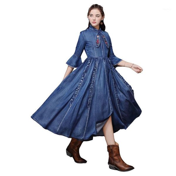 

vestidos retro lotus leaf stand bow tie big put women dresses 2021 fashion high-quality autumn denim women's dress nbh56 casual, Black;gray