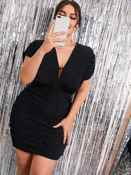 

plus ruched tie back glitter bodycon dress 762u#, Black