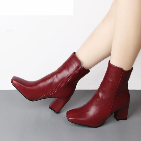 

boots thick high heel square toe winter women ankle zipper ladies autumn shoes white black red size 33-43