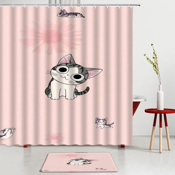 

shower curtains cute pet cat cartoon animals curtain set pink flowers printing funny bath mat screen child room decoration rugs