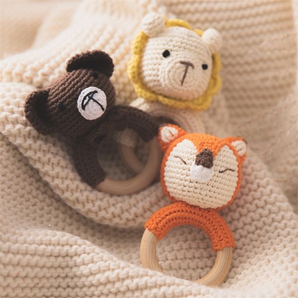 1 PCS Bebê Brinquedos De Madeira Teether Crochet Padrão Raposa Raposa Toy Newborn Amigurumi Teether Bebê Chocalizada Presentes para Recém-nascido 210320