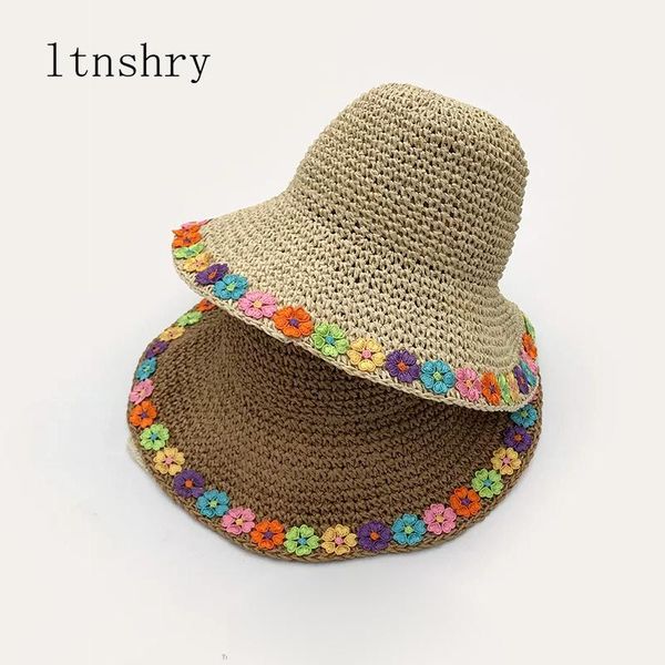 

stingy brim hats parent-child summer women hat sun straw foldable flower embroidery bucket cap mujer breathable holiday girl beach, Blue;gray
