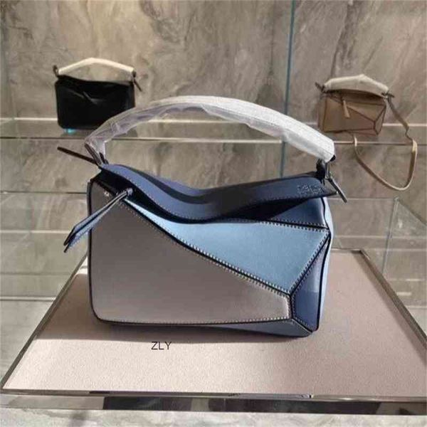 

real cow leather color matching geometric portable crossbar one shoulder large capacity women's square and medium mini zly bags handbag