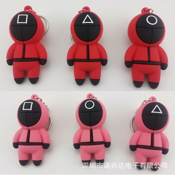 

squid game animation key chain wooden man pvc key around, Slivery;golden