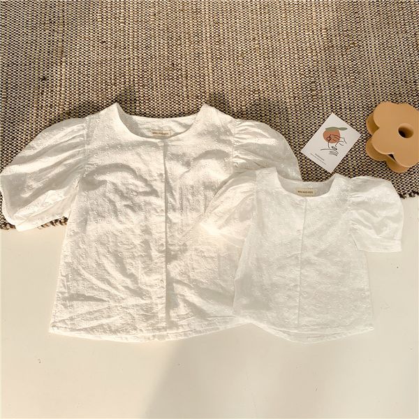 

new 2021 summer baby girls cotton lace embroidery blouses puff sleeve chic kids korean style white shirts, White;black