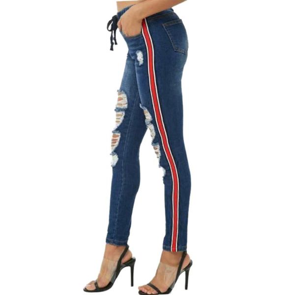 

fashion women's skinny stretch jeans low waist side stripe slim pencil pants 7.3a, Blue