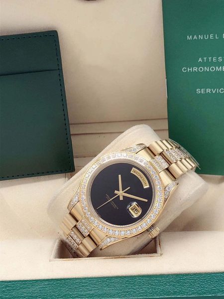 

diamond bezel 41mm mens watch automatic mechanical movement gold stainless steel strap black face men watches sports man wristwatch party gi, Slivery;brown