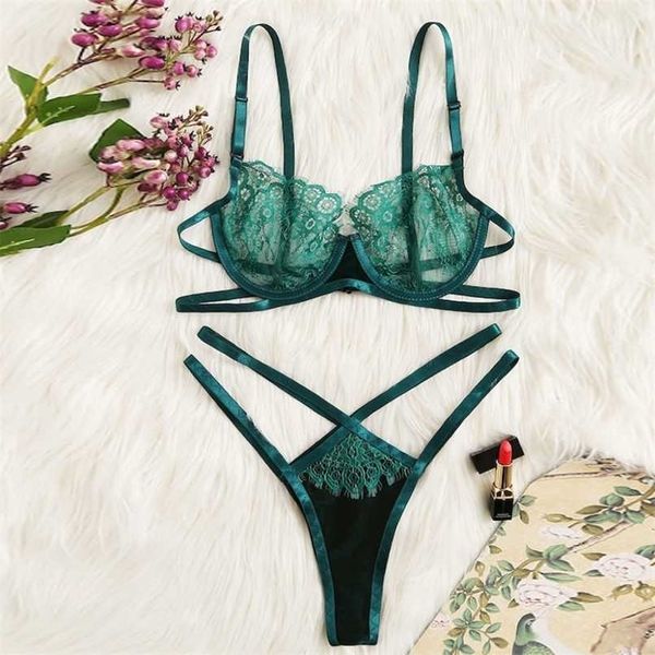 Thongs Calcinha de Cordas V-String, Sutiã Transparente Set Lingerie Set Floral Lace Bralette Verão Sexy Sets Senhoras Panty Underwear 211104