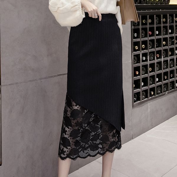 

skirt elegant knitting women winter high waist double sweater ladies long black