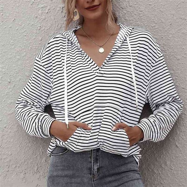 

womens hoodies pullover sweatshirts 202 autumn winter striped women's loose sweater long sleeve women sweatshirt 210517, Black