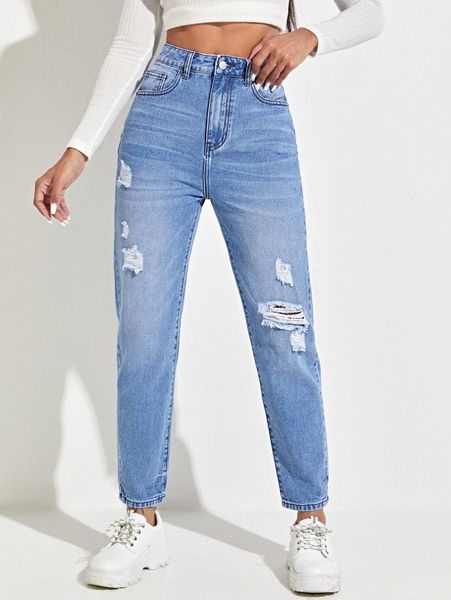 

high waist ripped mom jeans v6f7#, Blue