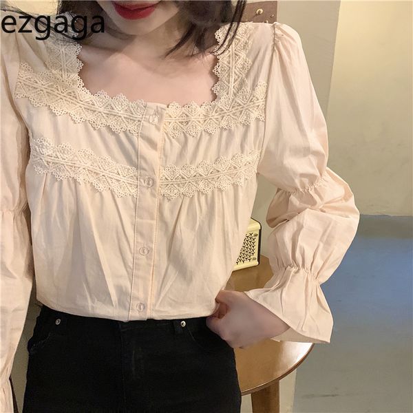 

ezgaga elegant women blouse shirts chic lace patchwork square collar spring vintage long sleeve korean sweet blusas 210430, White