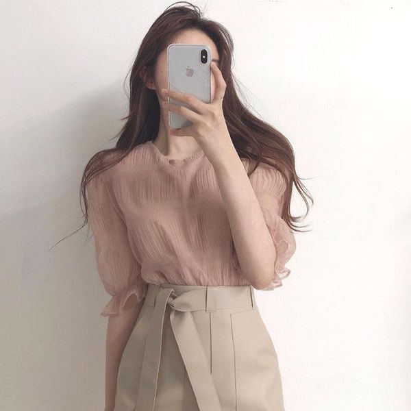 

women's blouses & shirts korean girl summer light micro transparent short-sleeved chiffon shirt women, White