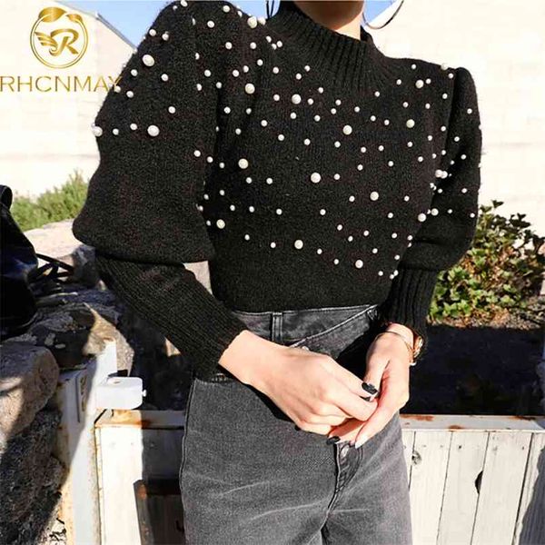 Moda manica lunga perle maglioni Modern Lady Tops Pullover Moda donna nero autunno O-Collo perline lavorato a maglia 210506