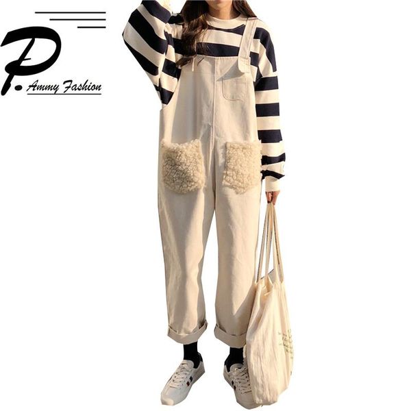 

women's jumpsuits & rompers autumn and winter age-reducing fur pocket stitching loose strap women fashion solid color bib pants, Black;white