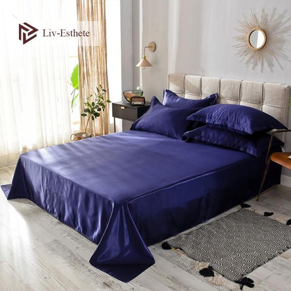 

sheets & sets liv-esthete 2021 wholesale luxury 100% satin silk dark blue 1pcs flat sheet silky queen king bed for women men
