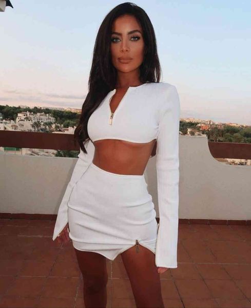 

women's tracksuits autumn white zip short +mini skirts women two piece outfits casual basic slim ladies party club wear suit 4, Gray