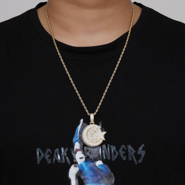 

fashion hip hop jewelry necklace cz zircon stone paved bling iced moon star pendants necklaces rapper for women men gifts pendant, Silver
