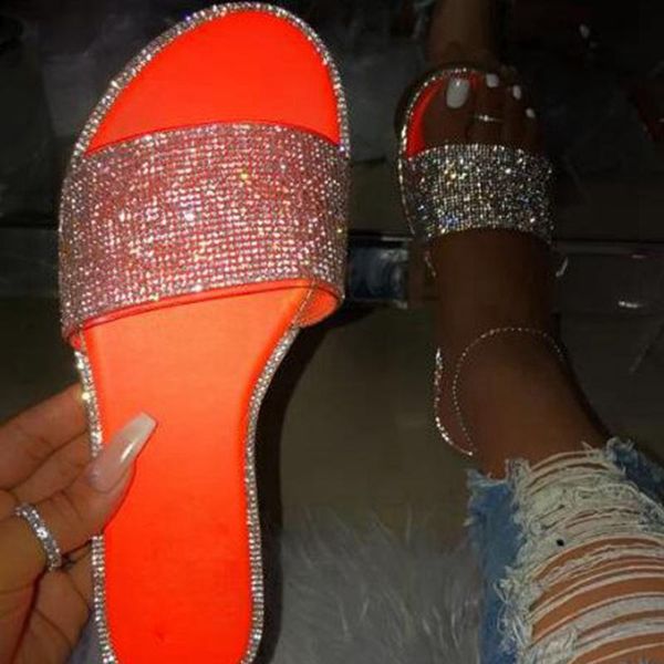 

slippers 2021 wild rhinestone women beach flip flop bright diamond flat bottom outdoor student sandal zapatos mujer, Black