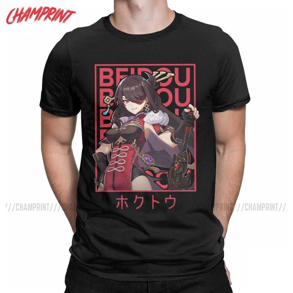 Men's Beidou Genshin Impact T Camisetas Anime Game 100% algodão Tops Crazy Manga curta o pescoço camisetas originais