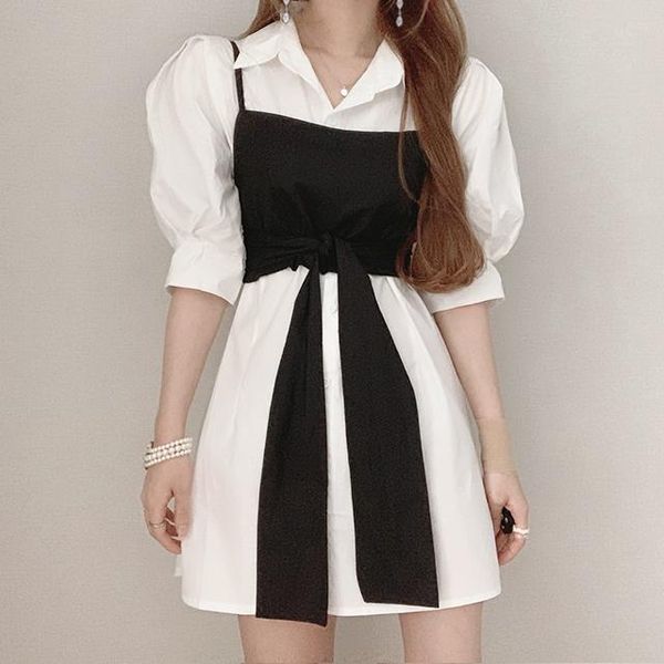 

casual dresses french summer temperament collar slim shirt dress + chest strap for outer wear, Black;gray