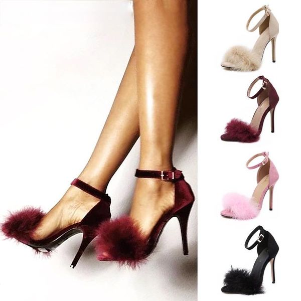 

sandals fashion high-quality womens high heels furry fish mouth european and american large size cute, Black