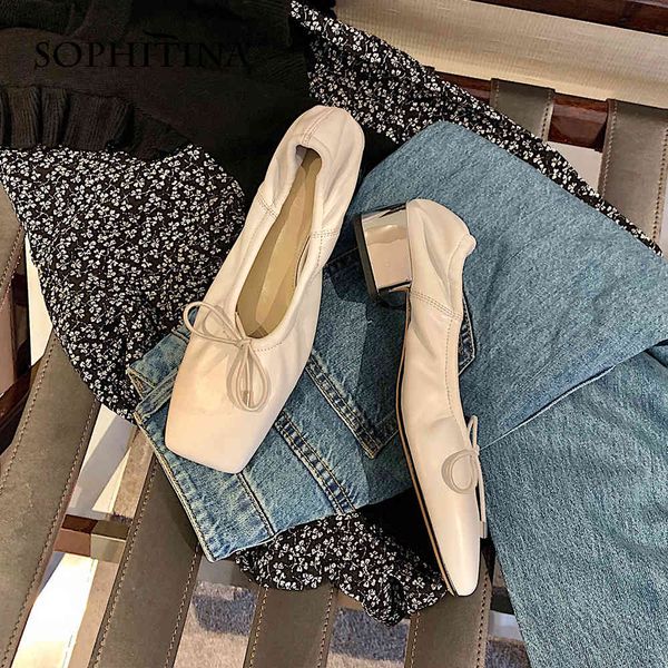 

sophitina pumps woman genuine leather square toe butterfly-knot slip on med square mental heel office lady shoes f012 210513, Black