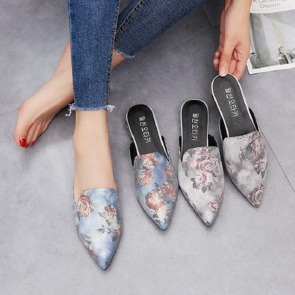 

slippers large size female high heel cloth print baotou low 2021 summer pointed sandals and women thick with m, Black