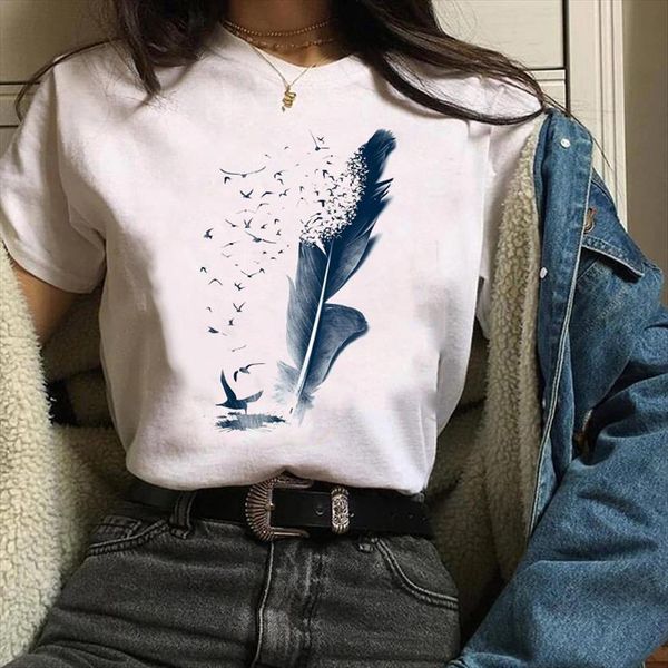 

graphic feather printing fashion clothing womens t shirt cute mujer camisetas print clothes lady tees female, White