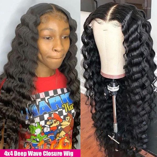 

mifil closure wig deep wave lace frontal pre plucked 4x4 front remy brazilian curly human hair wigs1, Black;brown